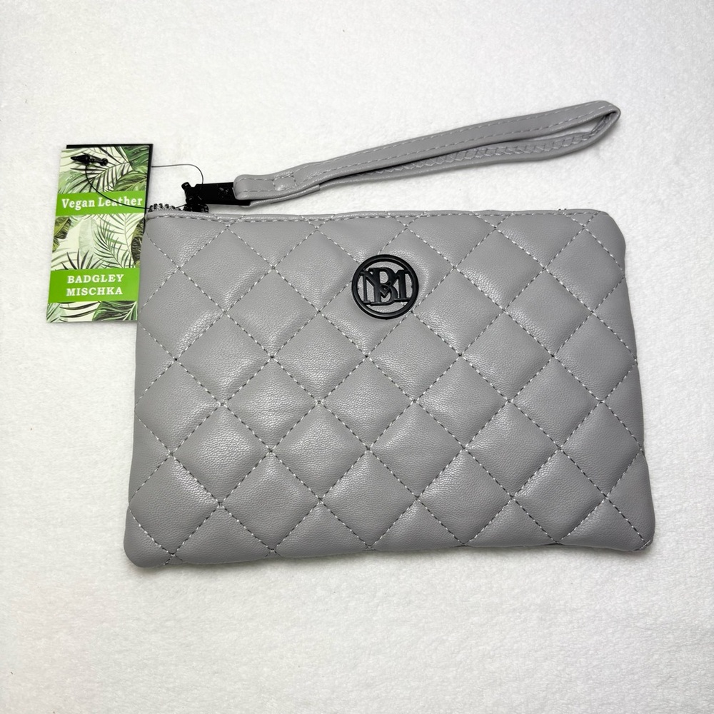 Badgley Mischka Vegan Leather Gray Quilted Wristlet